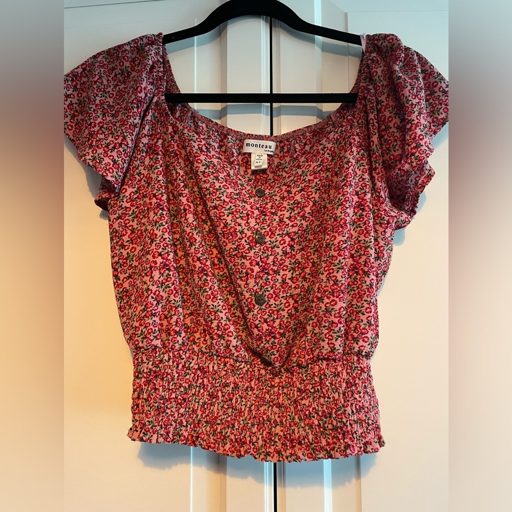 Monteau Los Angeles Pink and Red Flower Print Button Up Blouse XL